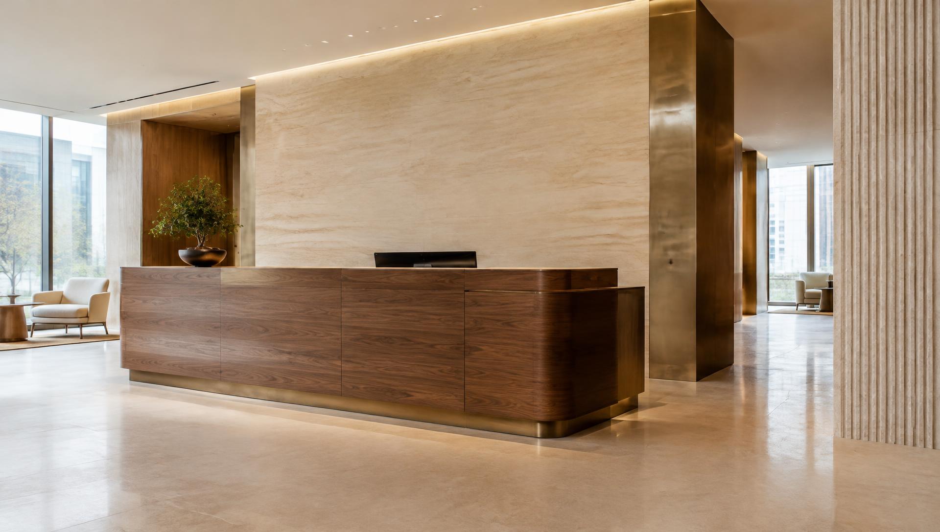 Corporate reception lobby with curved walnut desk, travertine wall and bronze columns