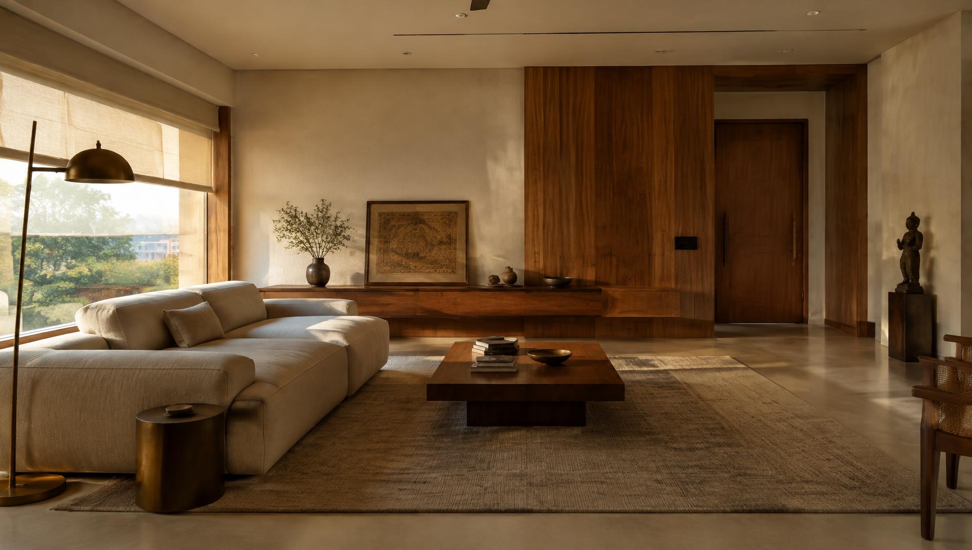 Spacious living room with linen sofa, walnut wall panelling and evening light